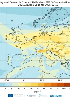 CAMS Regional Ensemble Forecast Daily Mean PM2.5 Concentration at Surface 20250212t00 valid for 2025-02-12