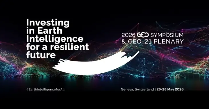 Banner for the 2026 GEO Symposium and GEO-21 Plenary, titled “Investing in Earth Intelligence for a resilient future”. The design features an abstract, multicoloured digital landscape on a dark background. Text includes “Geneva, Switzerland | 26–28 May 2026” and the hashtag “#EarthIntelligenceforAll”.