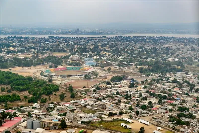 Aerial view of Brazzaville with the Congo River and Kinshasa.