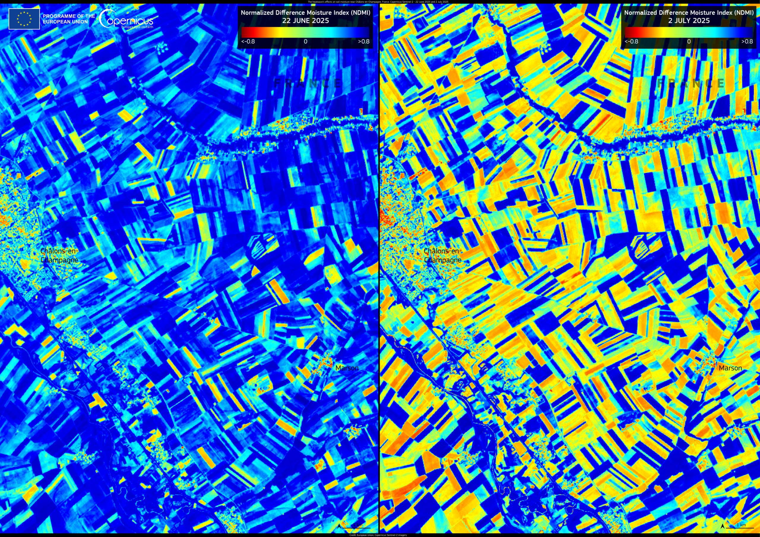Two satellite images comparing the Normalized Difference Moisture Index (NDMI) around Châlons-en-Champagne, France, on 22 June 2025 (left) and 2 July 2025 (right). The color scale ranges from dark blue (low moisture) to bright yellow and green (high mo...
