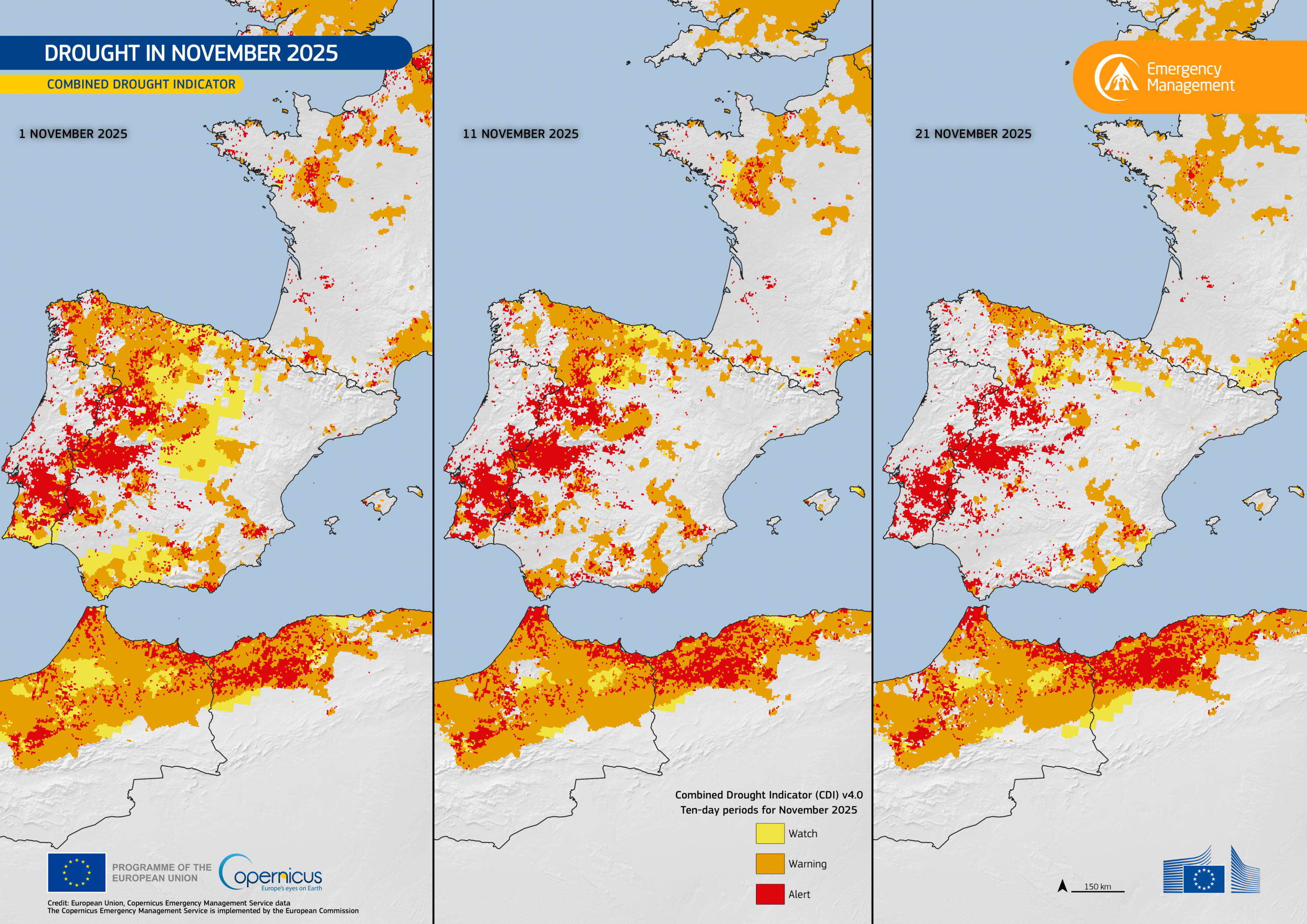 Three-panel map showing drought conditions across parts of Europe and North Africa during November 2025, produced by the Copernicus Emergency Management Service. Each panel represents a ten-day period (1, 11, and 21 November). The maps use colors to in...